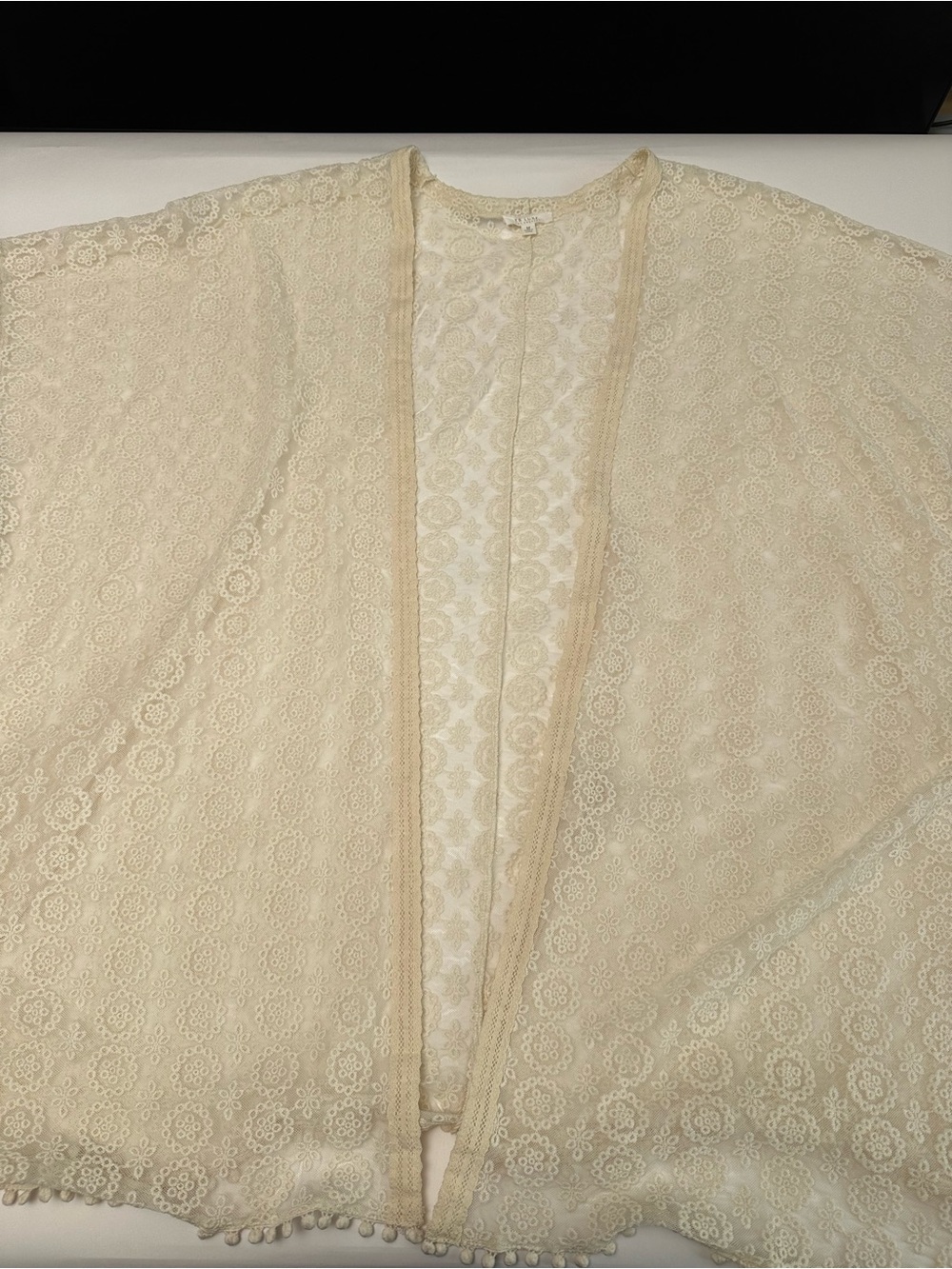 Boho Romantic Sheer Lace Kimono Duster Pom Pom Trim Festival Cover Up - Picture 7 of 11
